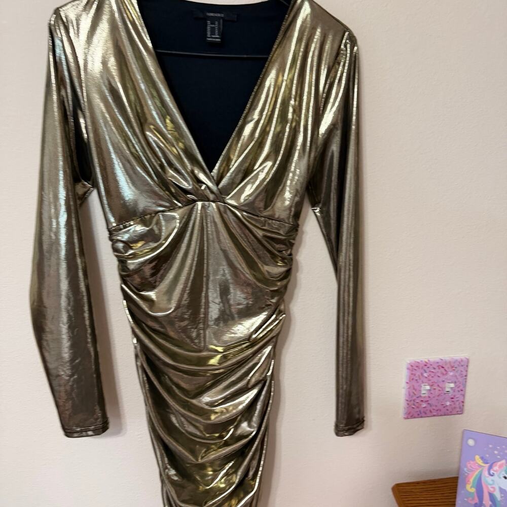 Women's Metallic Ruched V-Neck Mini Dress